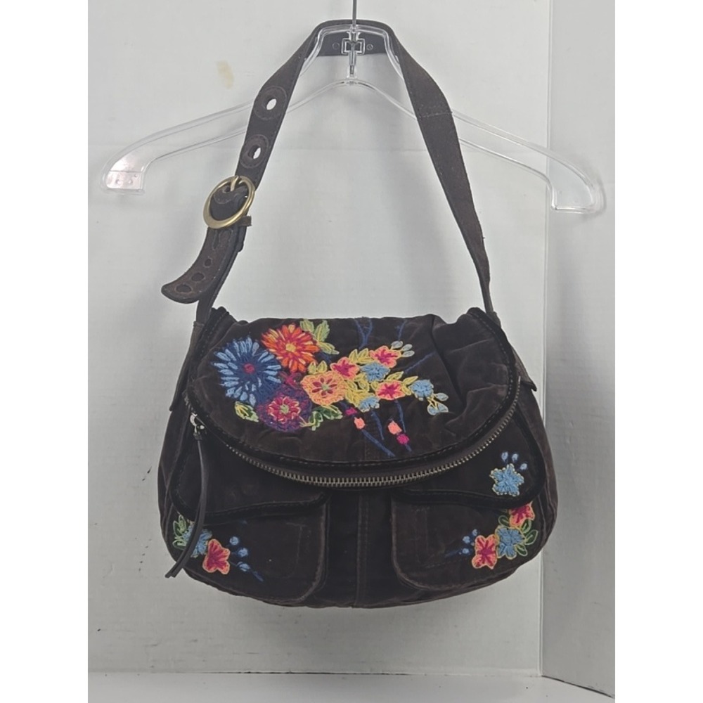 Y2K Lucky Brand Brown Velvet Shoulder Bag Floral Embroidered Boho Satchel MINT